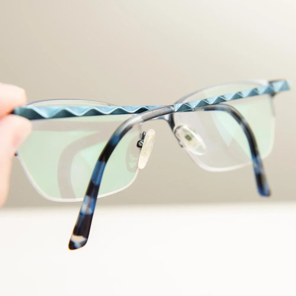 Chelsea Morgan Blue Cat Eye Semi Rimless Eyeglass Frames Textured Geometric Chic